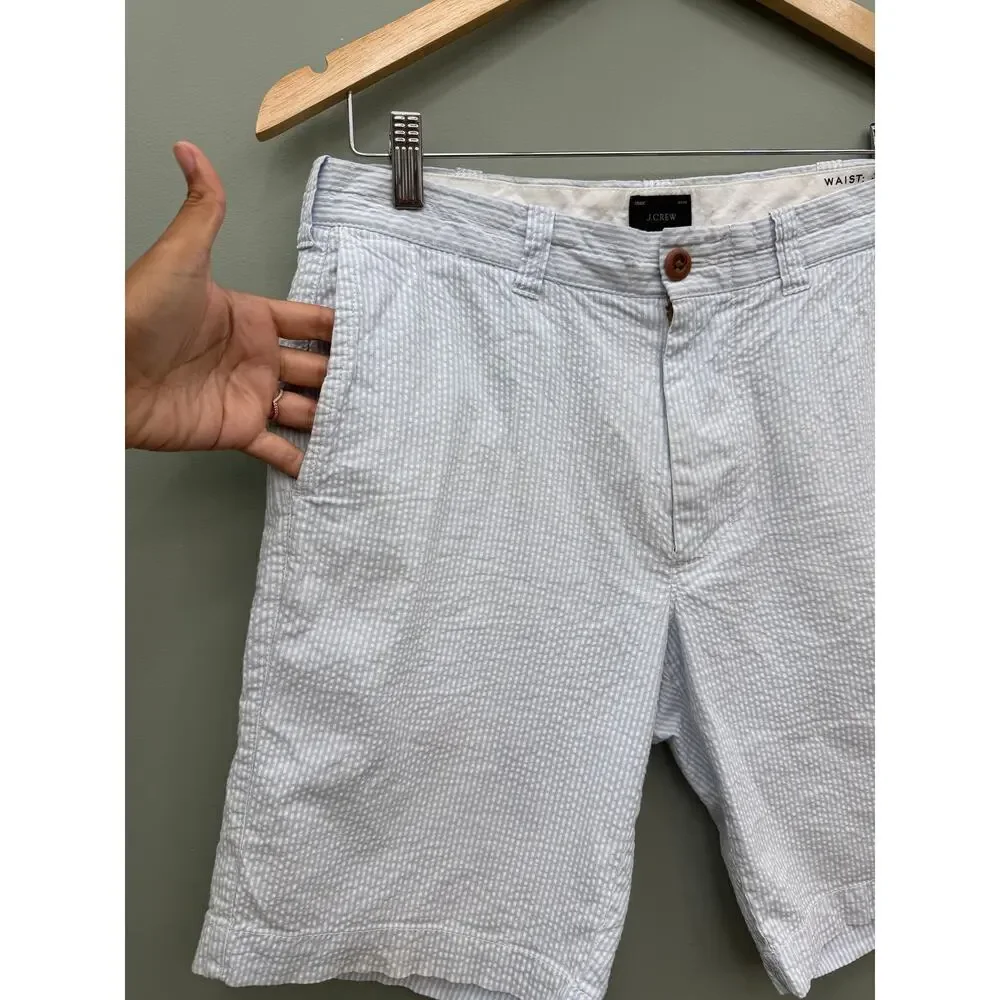 J.Crew Seersucker Shorts Blue White Stripe Flat Front Size 30